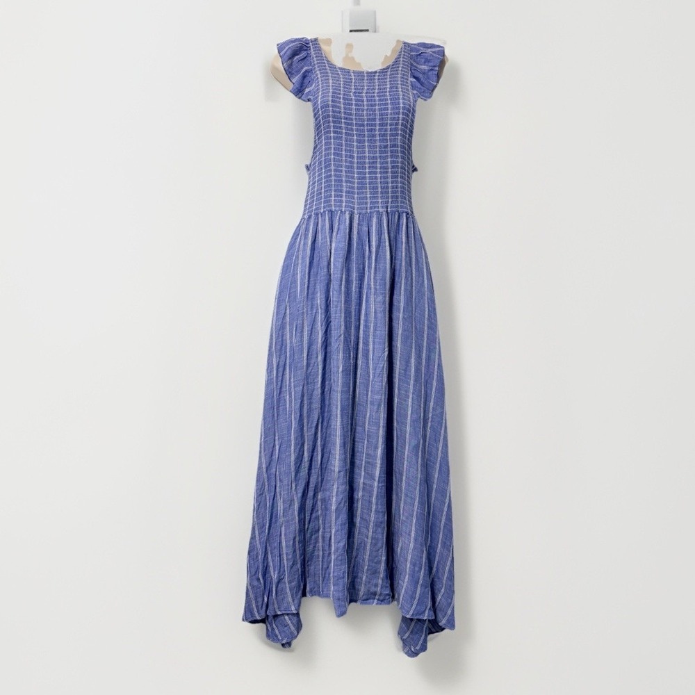 Free People Chambray Butterflies Midi Dress Women Sz XS Blue Stripe Coastal‎